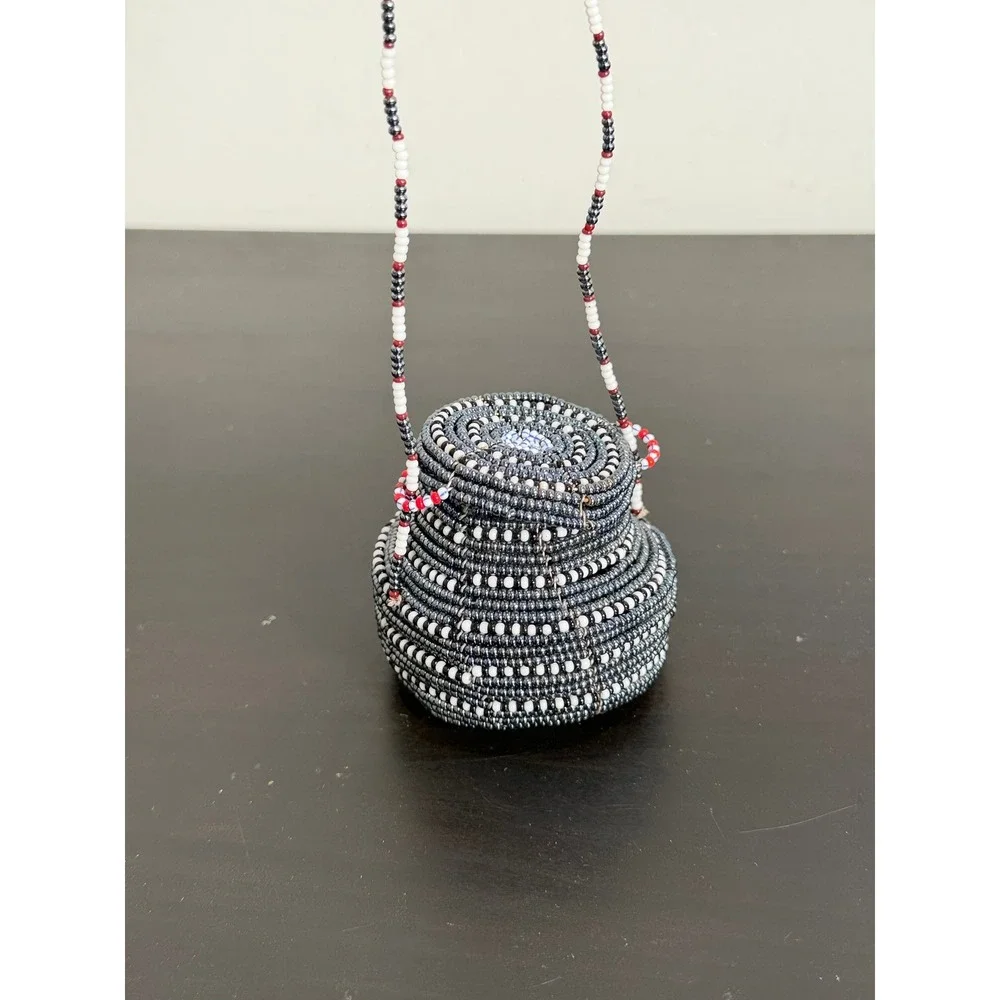 Handmade Beaded Miniature Basket Bag Coiled Wire Seed Bead Trinket Pot